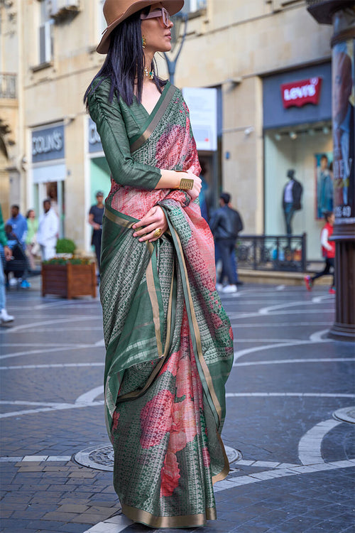 Load image into Gallery viewer, Imbrication Dark Green Digital Printed Soft Silk Saree With Devastating Blouse Piece
