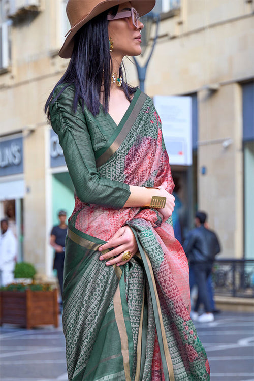 Load image into Gallery viewer, Imbrication Dark Green Digital Printed Soft Silk Saree With Devastating Blouse Piece
