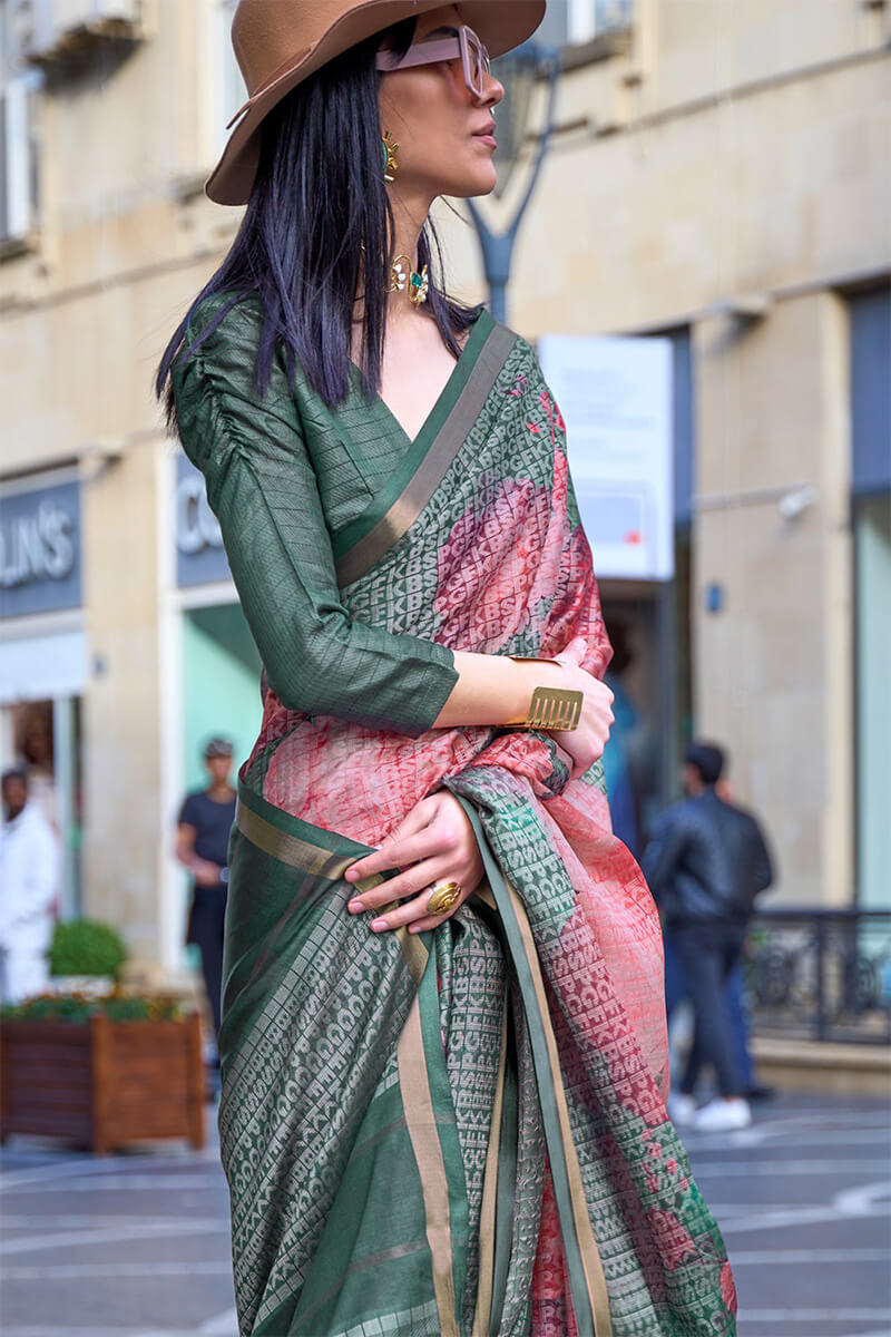 Imbrication Dark Green Digital Printed Soft Silk Saree With Devastating Blouse Piece