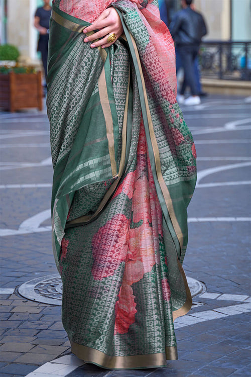 Load image into Gallery viewer, Imbrication Dark Green Digital Printed Soft Silk Saree With Devastating Blouse Piece
