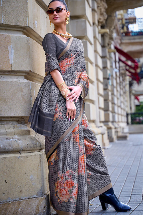 Load image into Gallery viewer, Tempting Grey Digital Printed Soft Silk Saree With Confounding Blouse Piece
