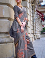 Tempting Grey Digital Printed Soft Silk Saree With Confounding Blouse Piece