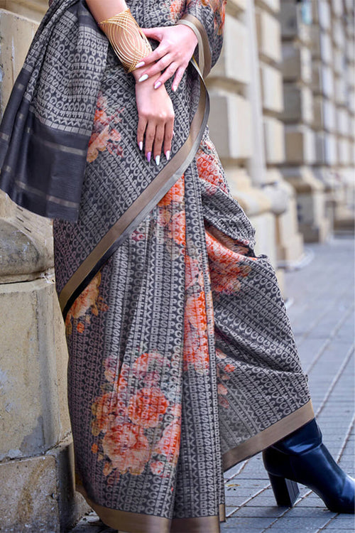 Load image into Gallery viewer, Tempting Grey Digital Printed Soft Silk Saree With Confounding Blouse Piece
