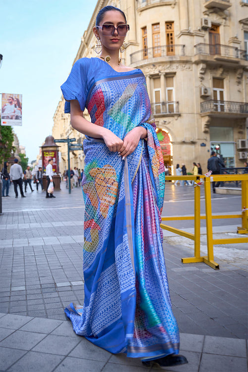 Load image into Gallery viewer, Propinquity Blue Digital Printed Soft Silk Saree With Forbearance Blouse Piece
