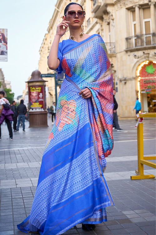 Load image into Gallery viewer, Propinquity Blue Digital Printed Soft Silk Saree With Forbearance Blouse Piece
