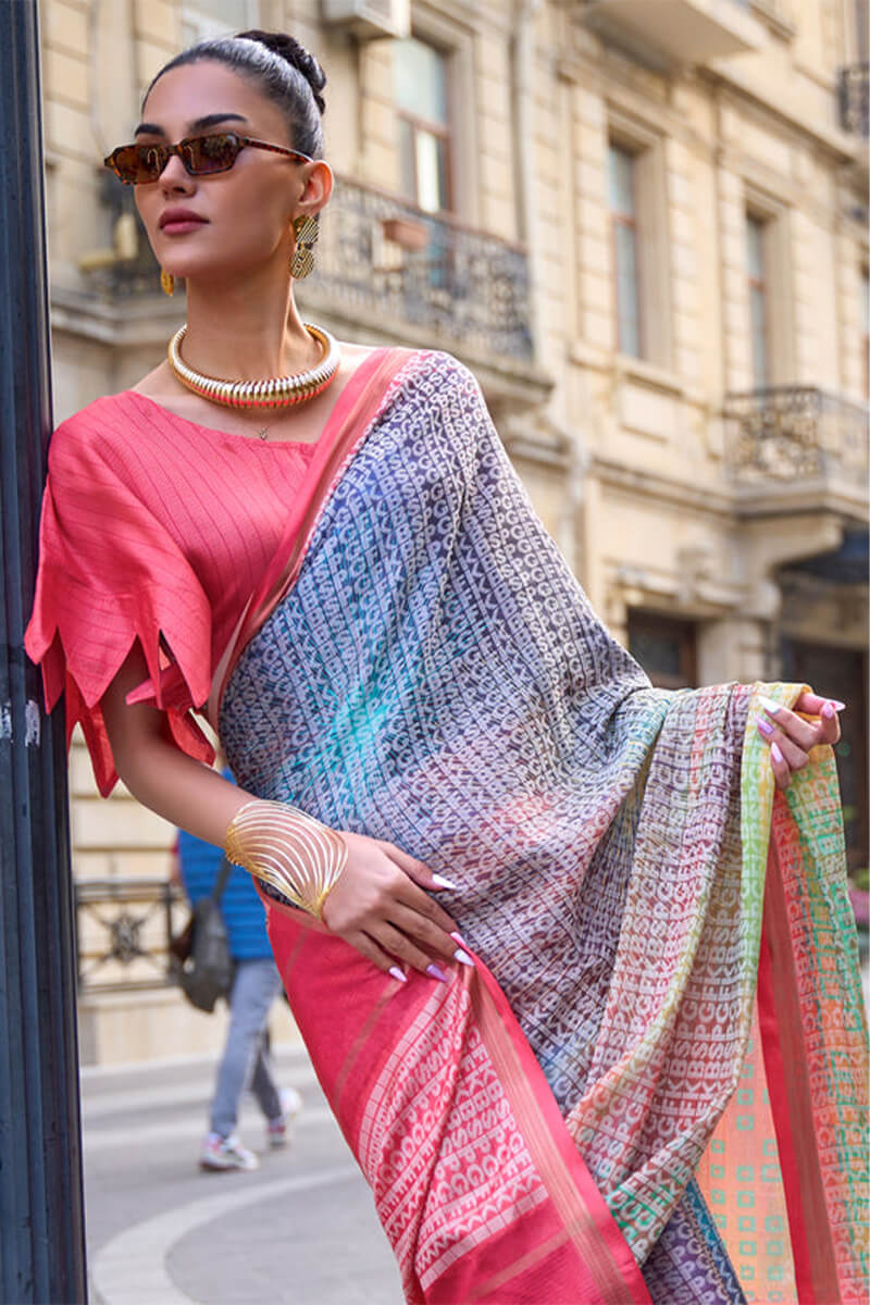 Effervescent Multicolor Digital Printed Soft Silk Saree With Bewitching Blouse Piece