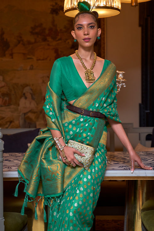 Load image into Gallery viewer, Intricate Green Soft Banarasi Silk Saree With Flaunt Blouse Piece
