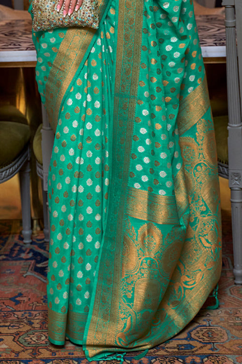 Load image into Gallery viewer, Intricate Green Soft Banarasi Silk Saree With Flaunt Blouse Piece
