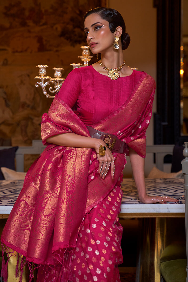 Desiring Dark Pink Soft Banarasi Silk Saree With Flameboyant Blouse Piece