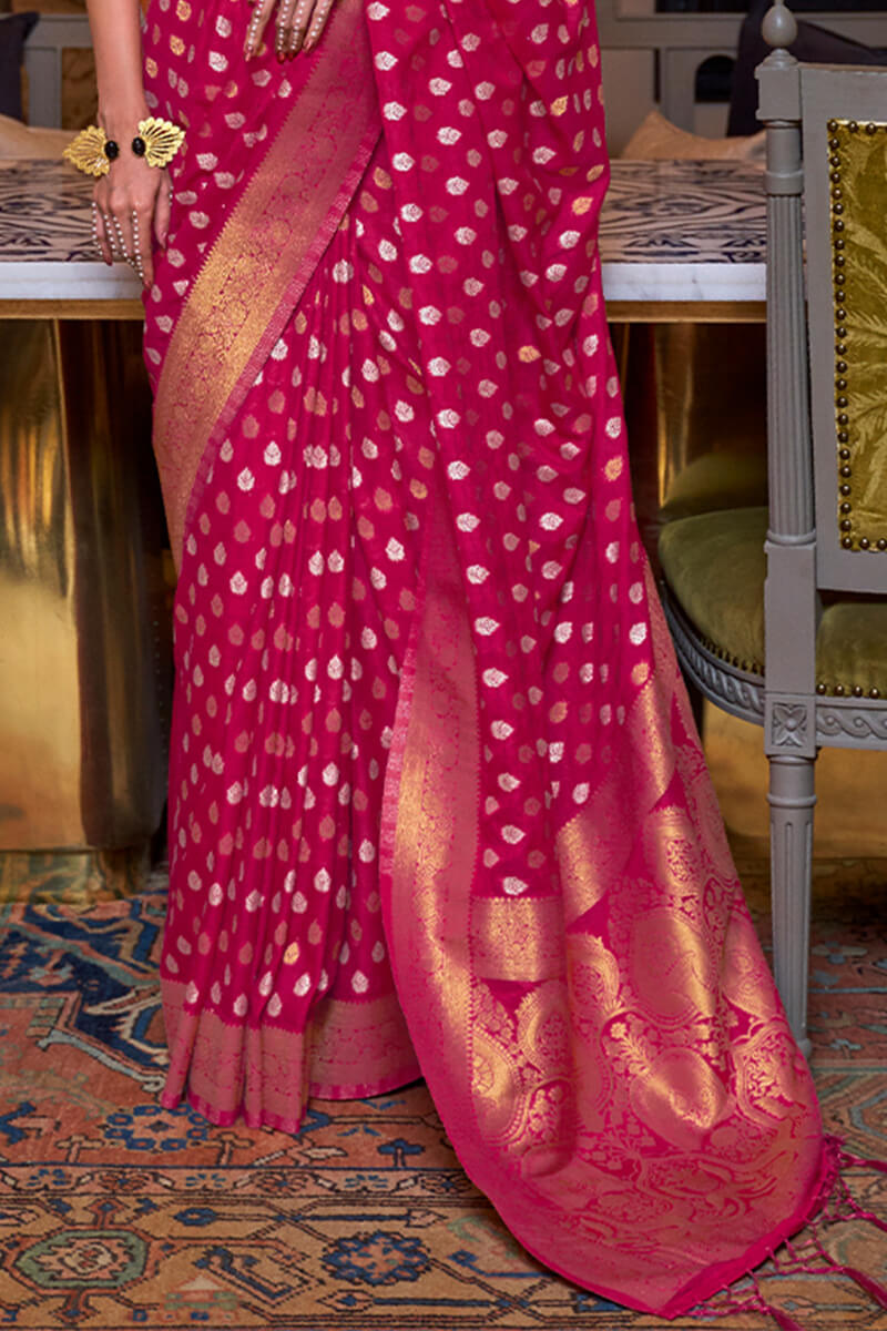 Desiring Dark Pink Soft Banarasi Silk Saree With Flameboyant Blouse Piece