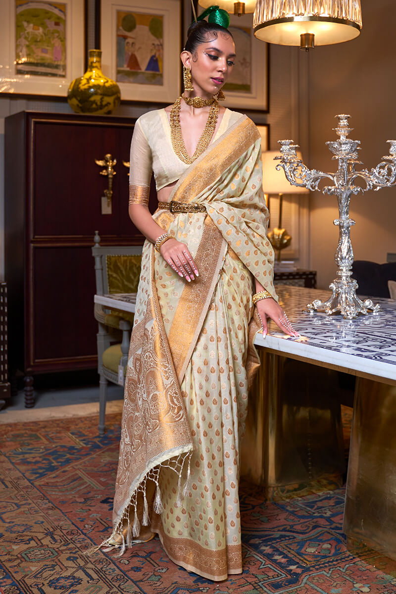 Classic Beige Soft Banarasi Silk Saree With Admirable Blouse Piece