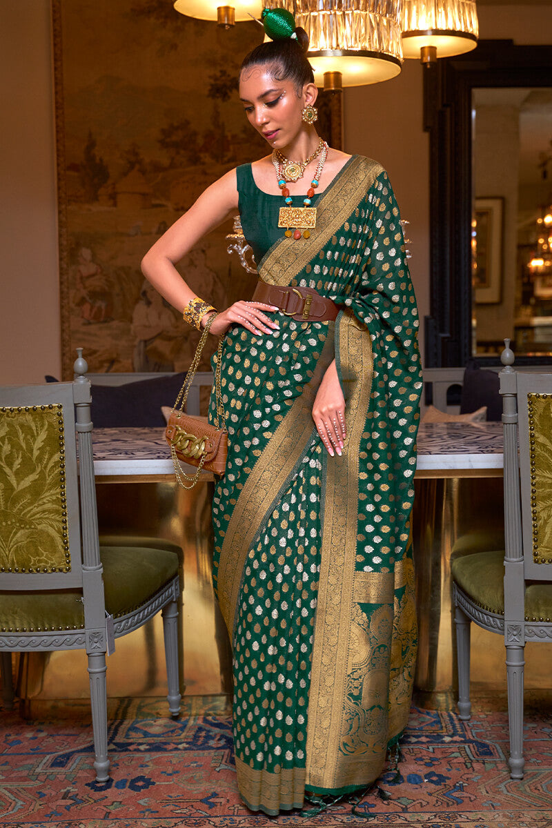 Murmurous Dark Green Soft Banarasi Silk Saree With Felicitous Blouse Piece