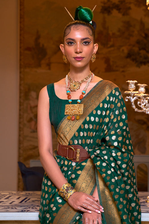 Load image into Gallery viewer, Murmurous Dark Green Soft Banarasi Silk Saree With Felicitous Blouse Piece
