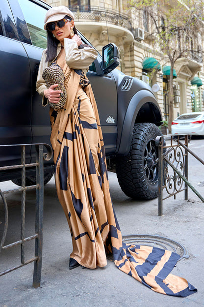 Stunner Dark Beige Digital Printed Satin Silk Saree With Flameboyant Blouse Piece