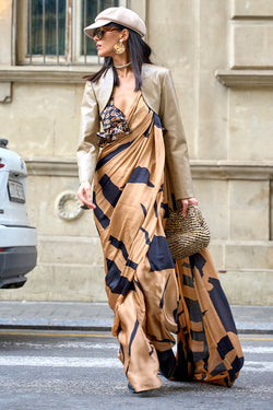 Stunner Dark Beige Digital Printed Satin Silk Saree With Flameboyant Blouse Piece