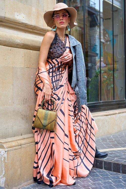 Load image into Gallery viewer, Evocative Peach Digital Printed Satin Silk Saree With Palimpsest Blouse Piece
