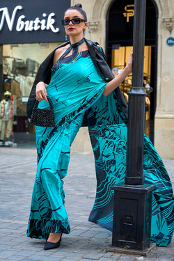 Serendipity Firozi Digital Printed Satin Silk Saree With Moiety Blouse Piece