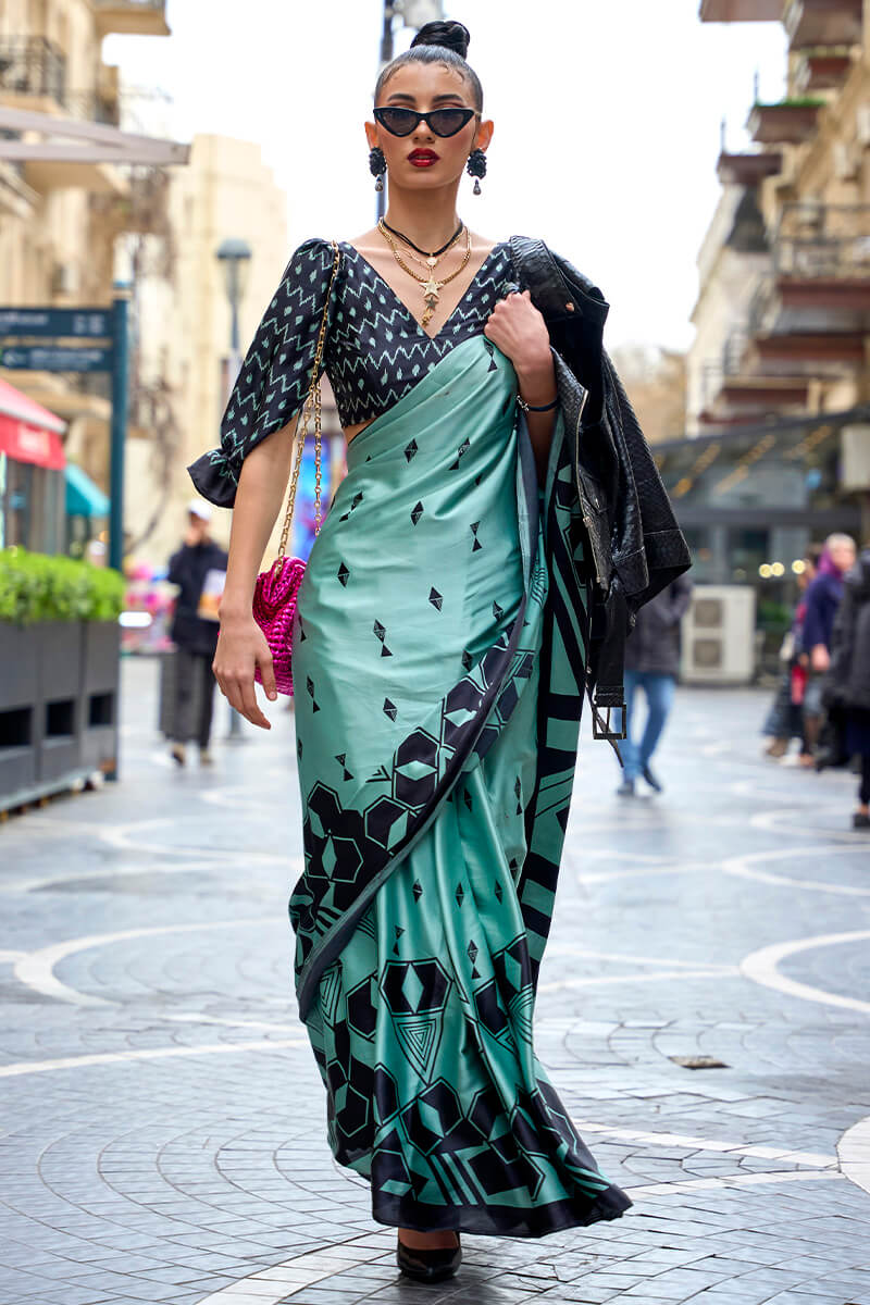 Imaginative Turquoise Digital Printed Satin Silk Saree With Splendiferous Blouse Piece