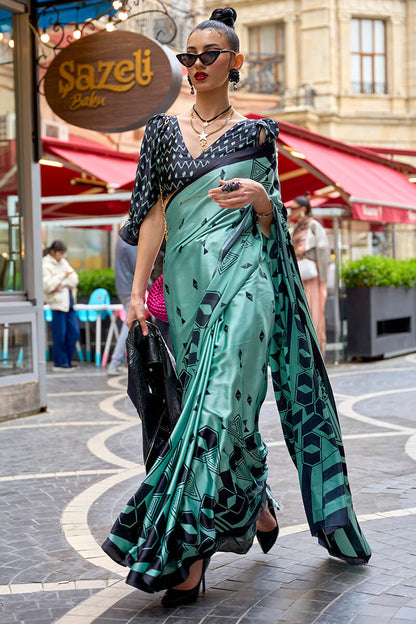 Imaginative Turquoise Digital Printed Satin Silk Saree With Splendiferous Blouse Piece