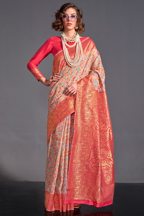 Load image into Gallery viewer, Flamboyant Pink Pashmina saree With Assemblage Blouse Piece
