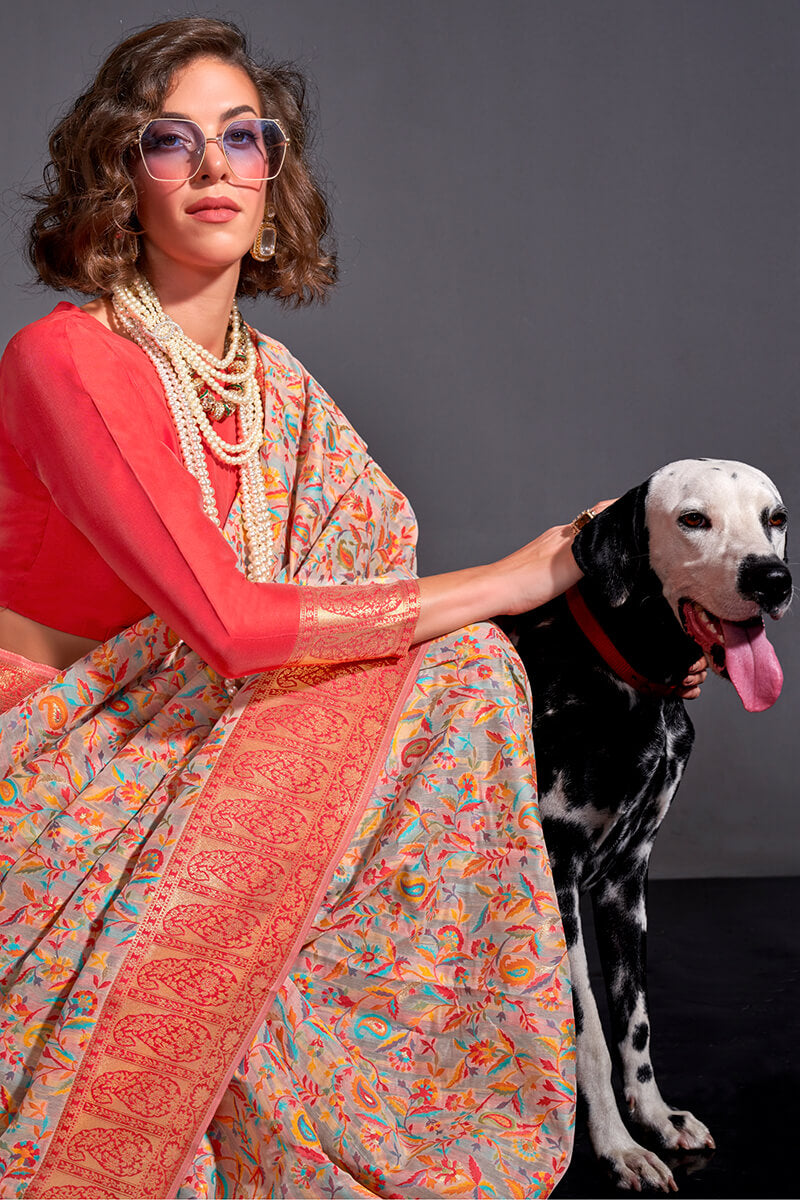 Flamboyant Pink Pashmina saree With Assemblage Blouse Piece