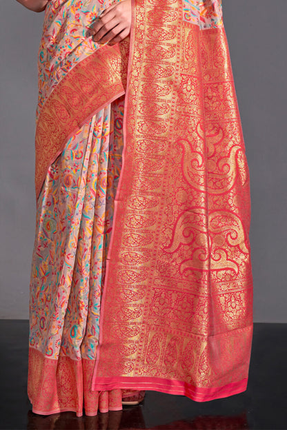 Flamboyant Pink Pashmina saree With Assemblage Blouse Piece