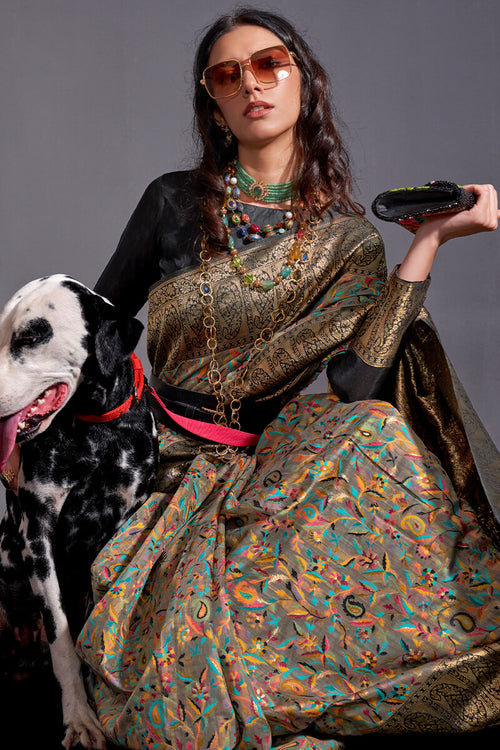 Load image into Gallery viewer, Stunner Black Pashmina saree With Dissemble Blouse Piece
