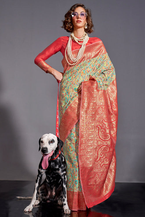 Load image into Gallery viewer, Moiety Pista Pashmina saree With Pleasurable Blouse Piece
