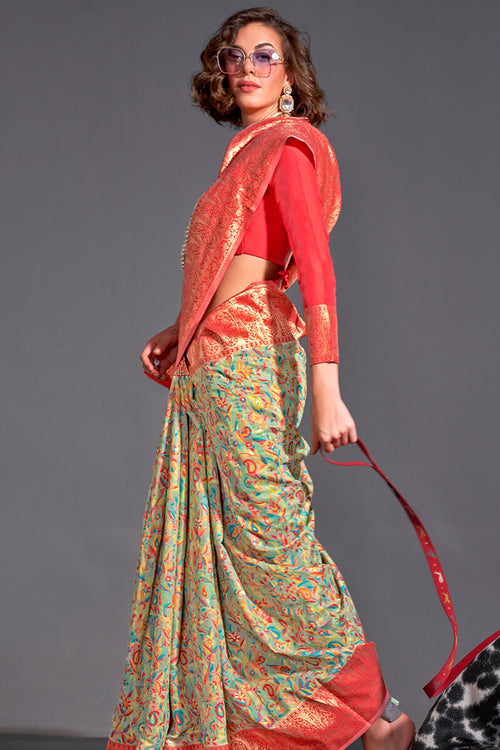 Load image into Gallery viewer, Moiety Pista Pashmina saree With Pleasurable Blouse Piece
