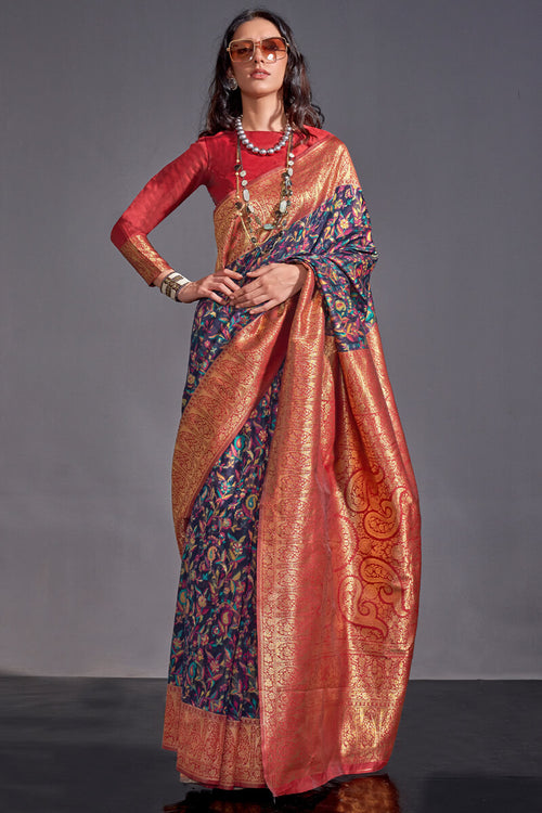 Load image into Gallery viewer, Lissome Navy Blue Pashmina saree With Incredible Blouse Piece
