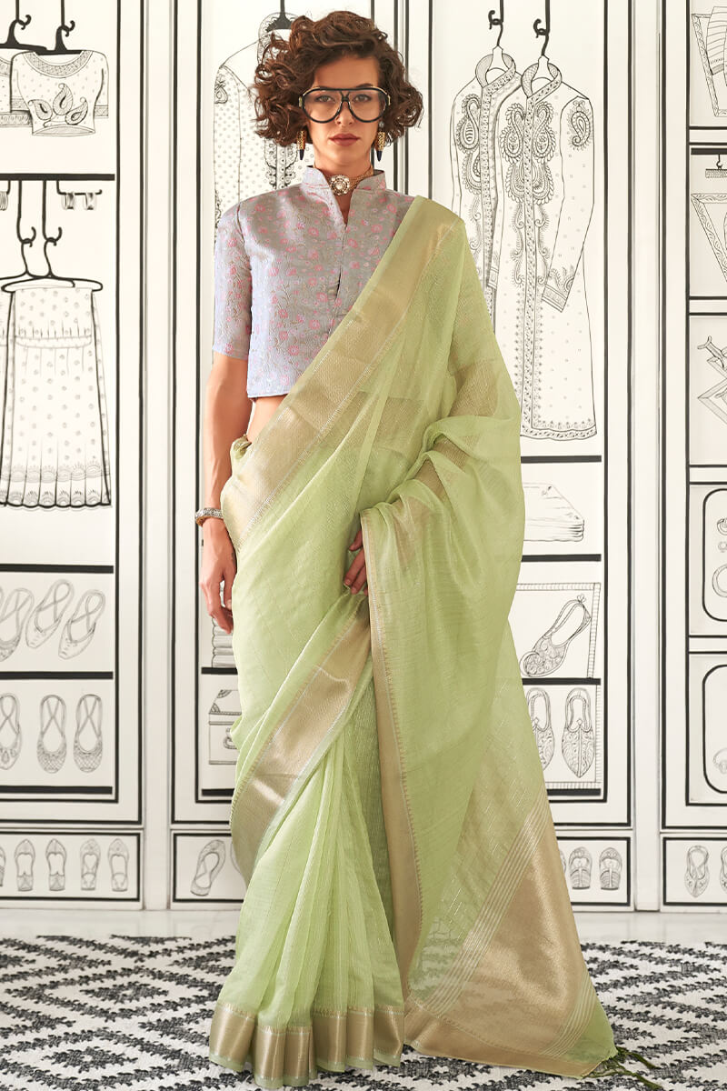 Delightful Pista Soft Silk Saree With Jazzy Blouse Piece