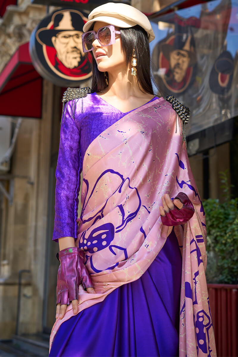 Sizzling Royal Blue and Pink Digital Printed Satin Silk Saree With Gorgeous Blouse Piece