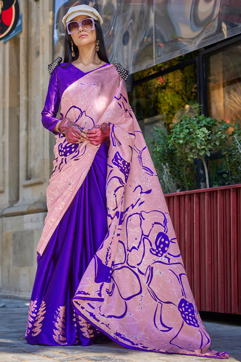 Sizzling Royal Blue and Pink Digital Printed Satin Silk Saree With Gorgeous Blouse Piece