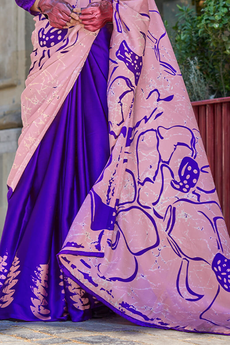 Sizzling Royal Blue and Pink Digital Printed Satin Silk Saree With Gorgeous Blouse Piece