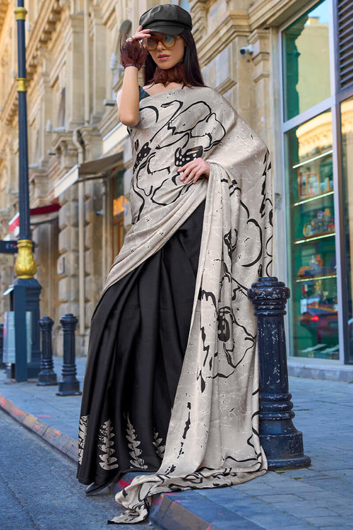 Load image into Gallery viewer, Alluring Beige and Black Digital Printed Satin Silk Saree With Mesmerising Blouse Piece
