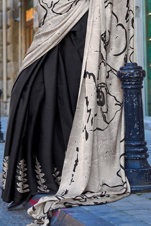 Load image into Gallery viewer, Alluring Beige and Black Digital Printed Satin Silk Saree With Mesmerising Blouse Piece
