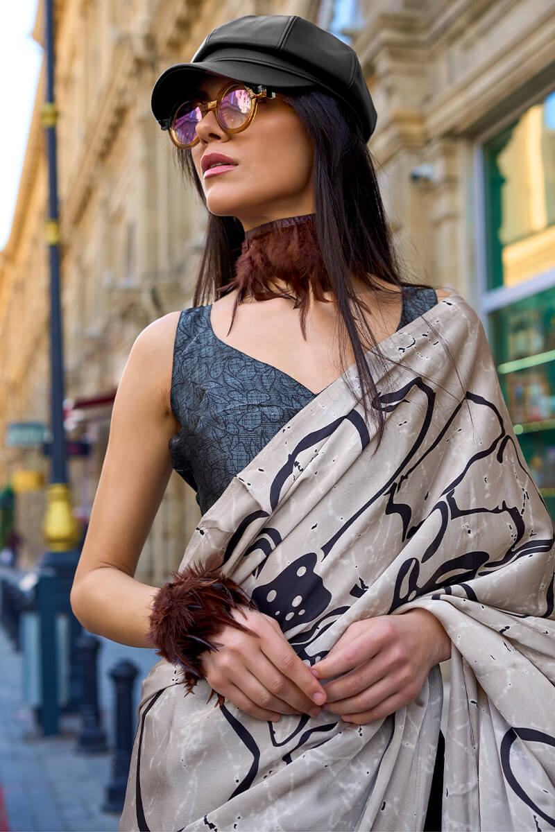 Alluring Beige and Black Digital Printed Satin Silk Saree With Mesmerising Blouse Piece