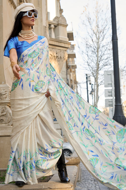 Load image into Gallery viewer, Capricious Off White Digital Printed Satin Silk Saree With Gratifying Blouse Piece
