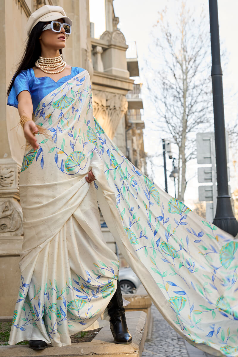 Capricious Off White Digital Printed Satin Silk Saree With Gratifying Blouse Piece