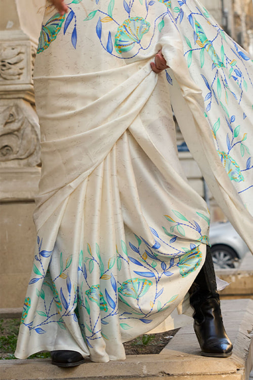 Load image into Gallery viewer, Capricious Off White Digital Printed Satin Silk Saree With Gratifying Blouse Piece
