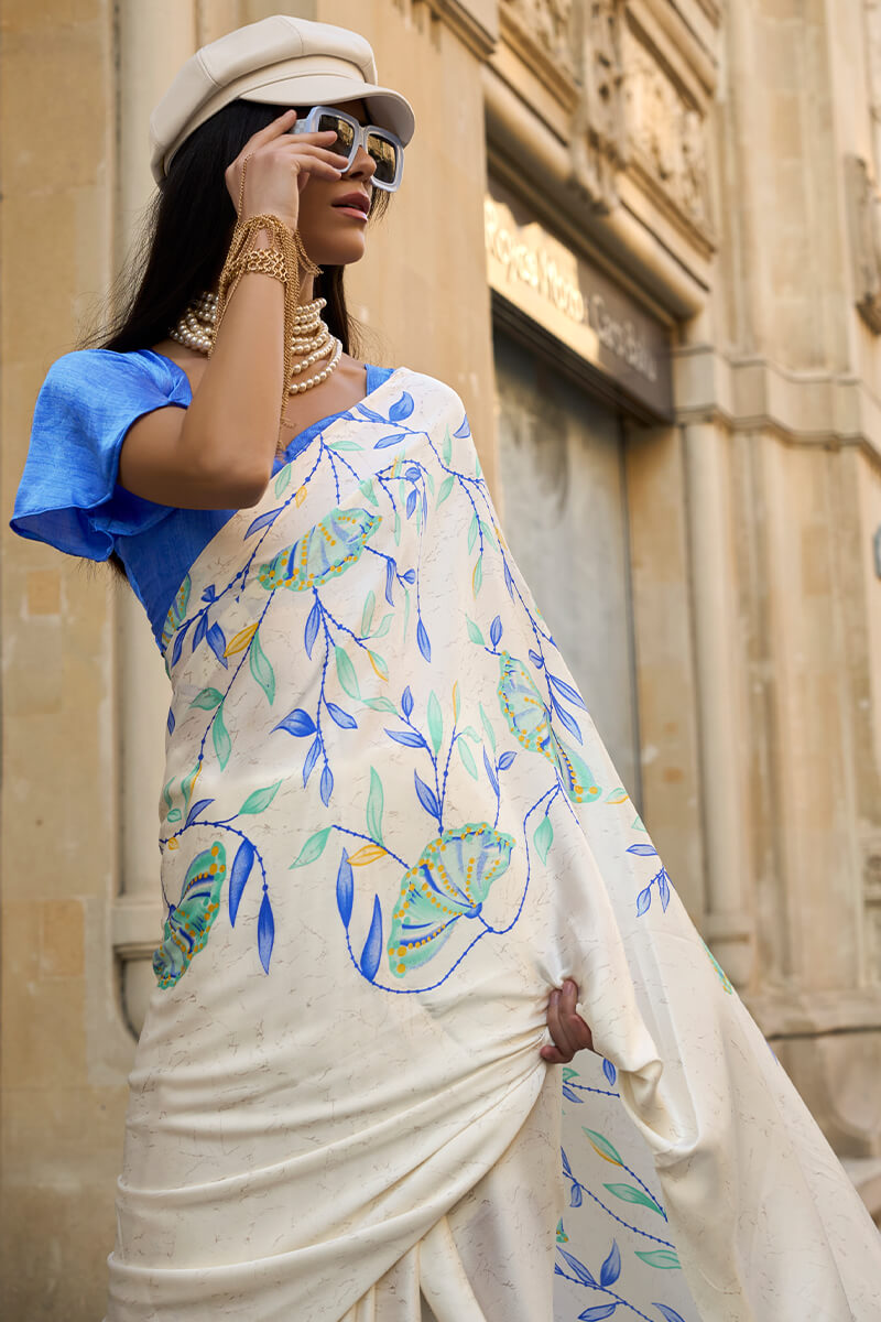 Capricious Off White Digital Printed Satin Silk Saree With Gratifying Blouse Piece