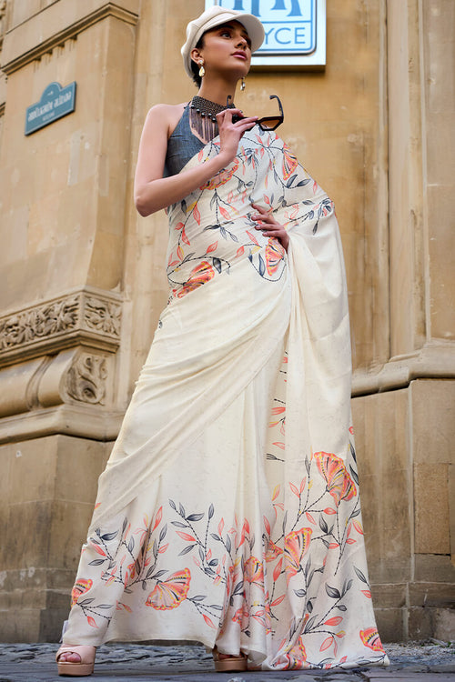 Load image into Gallery viewer, Unique Off White Digital Printed Satin Silk Saree With Charming Blouse Piece
