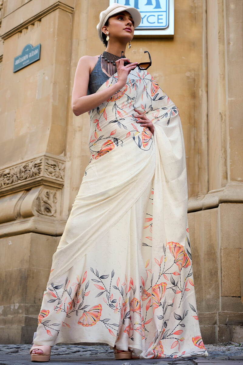 Unique Off White Digital Printed Satin Silk Saree With Charming Blouse Piece