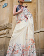 Unique Off White Digital Printed Satin Silk Saree With Charming Blouse Piece