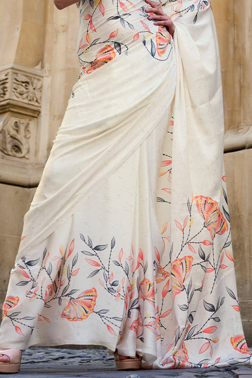 Load image into Gallery viewer, Unique Off White Digital Printed Satin Silk Saree With Charming Blouse Piece
