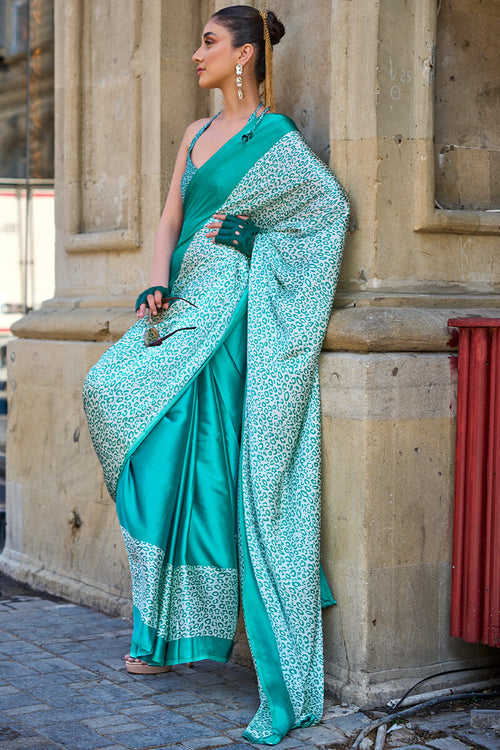 Load image into Gallery viewer, Demanding Turquoise Digital Printed Satin Silk Saree With Intricate Blouse Piece
