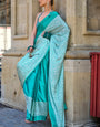 Demanding Turquoise Digital Printed Satin Silk Saree With Intricate Blouse Piece