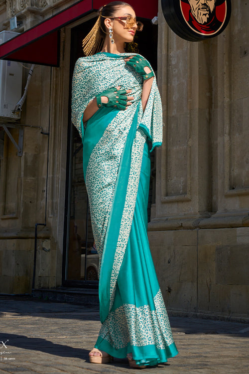 Load image into Gallery viewer, Demanding Turquoise Digital Printed Satin Silk Saree With Intricate Blouse Piece
