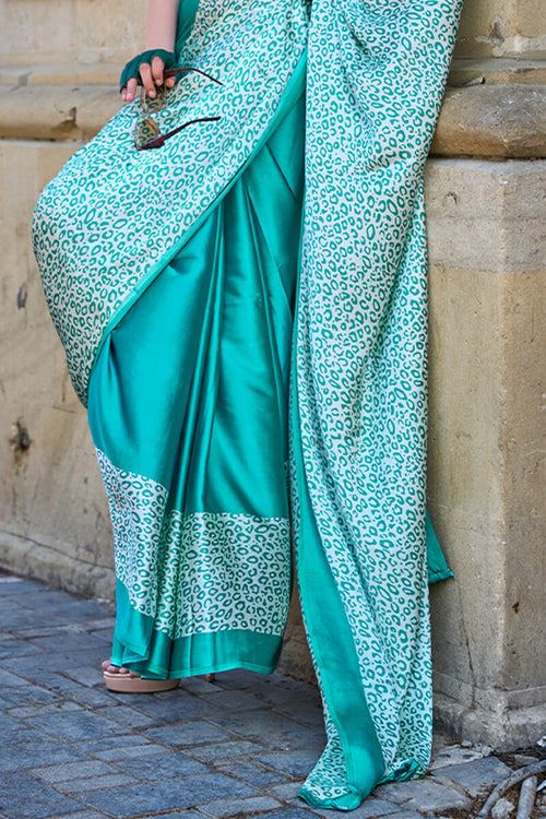 Load image into Gallery viewer, Demanding Turquoise Digital Printed Satin Silk Saree With Intricate Blouse Piece
