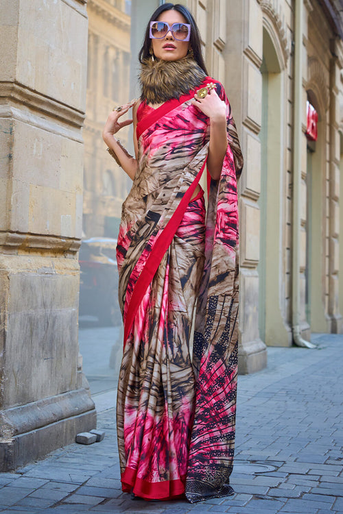 Load image into Gallery viewer, Appealing Brown and Pink Digital Printed Satin Silk Saree With Engrossing Blouse Piece
